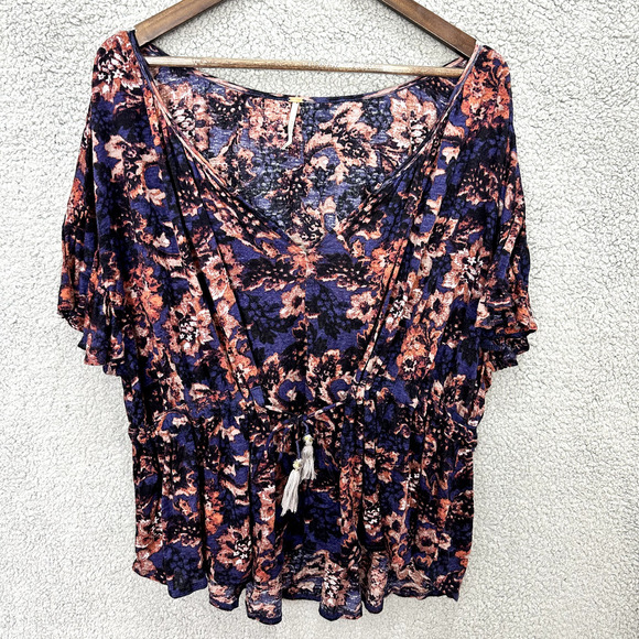 Free People Top Womens Small Purple‎ Floral Abstract Ruffle Romantic Boho Fairy - Picture 1 of 6